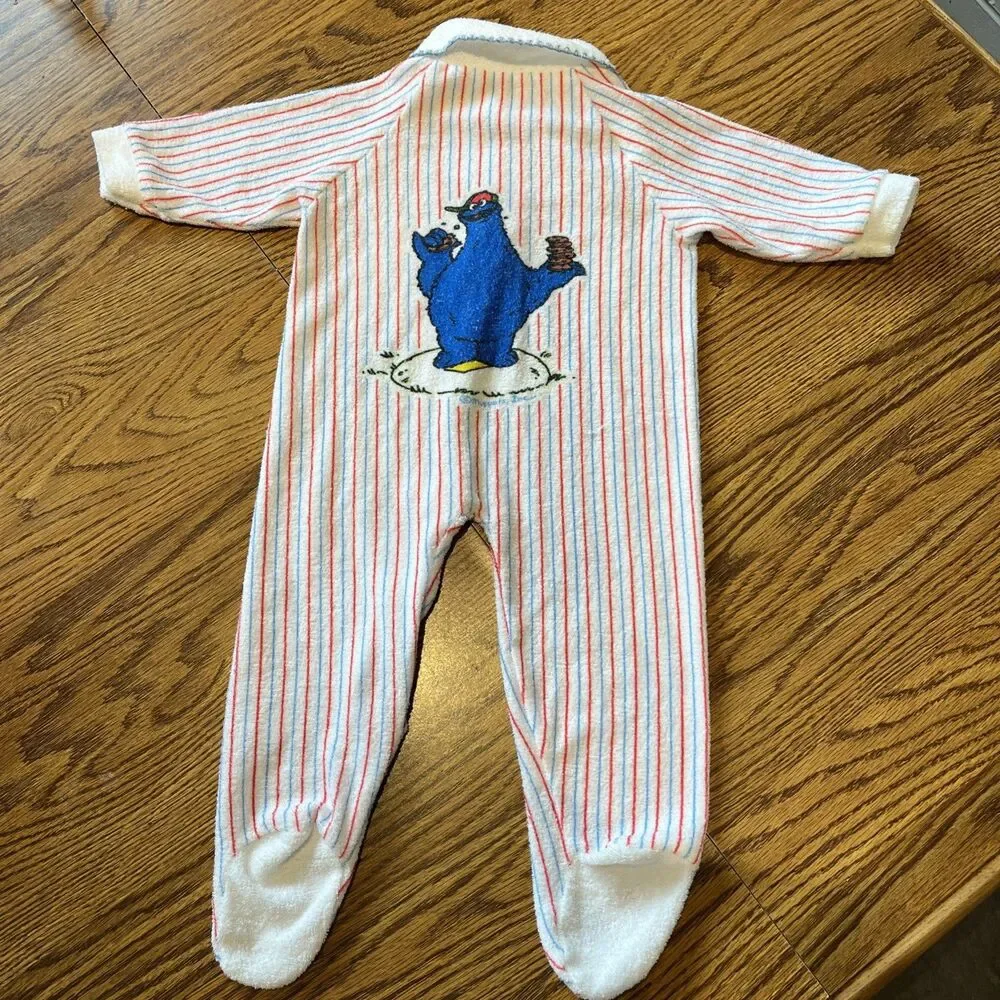 VTG Baby Sesame Street Baseball Terry Footy Pajamas Size 1 18.5-23 Lbs. JC Penny